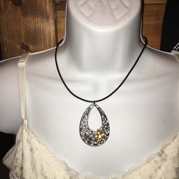 Gold flower on black pendant leather cord NWT - Picture 2 of 2